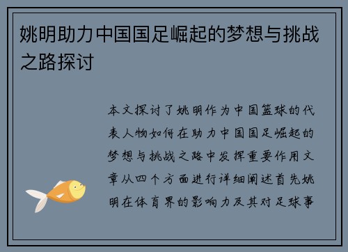 姚明助力中国国足崛起的梦想与挑战之路探讨
